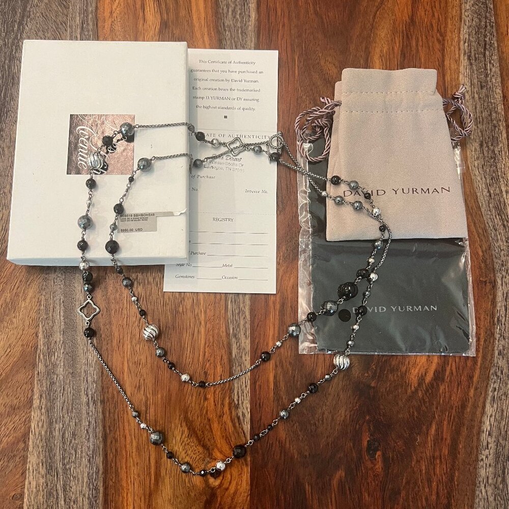 DAVID YURMAN 48" Quatrefoil Onyx Sterling Silver Station Necklace